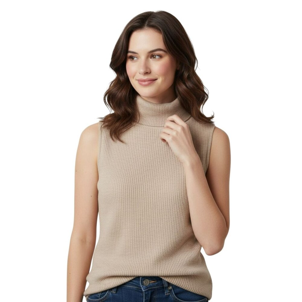 Feel The Piece Oatmeal Sleeveless Knit Turtleneck Top M/L Ribbed Luxe Boho